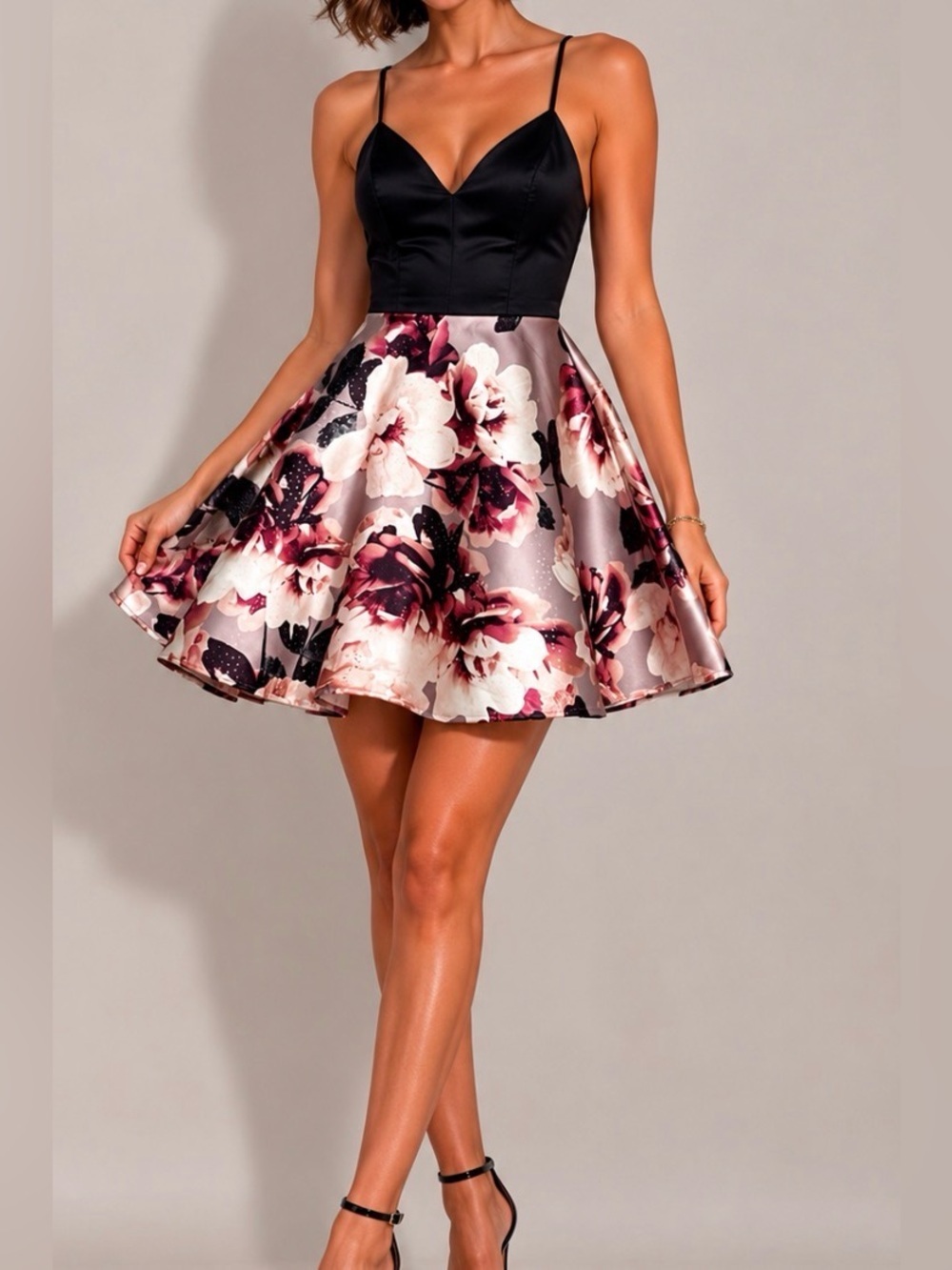 City Studio Dress Skater Hoco Homecoming Black Pink Floral Formal Dress Bow Open